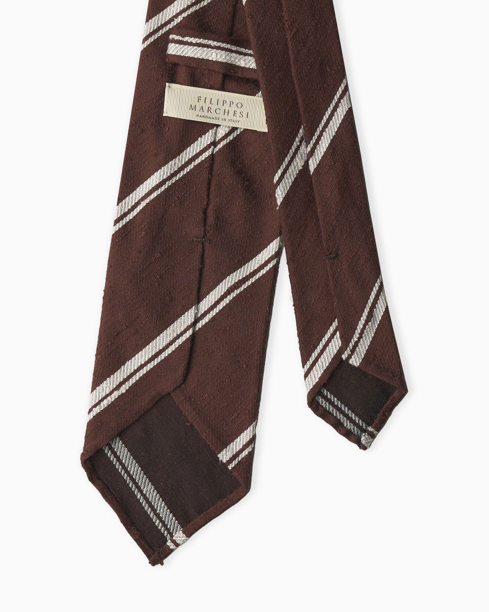 Cravatta artigianale marrone e bianco in seta shantung rigata 3 pieghe