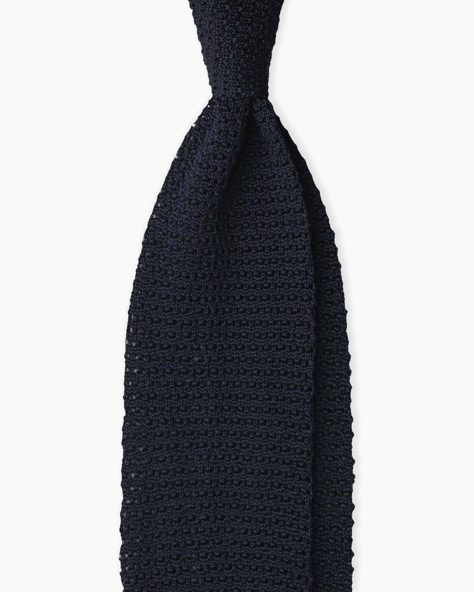 Navy blue crochet knit tie handmade in Italy with V-end tip