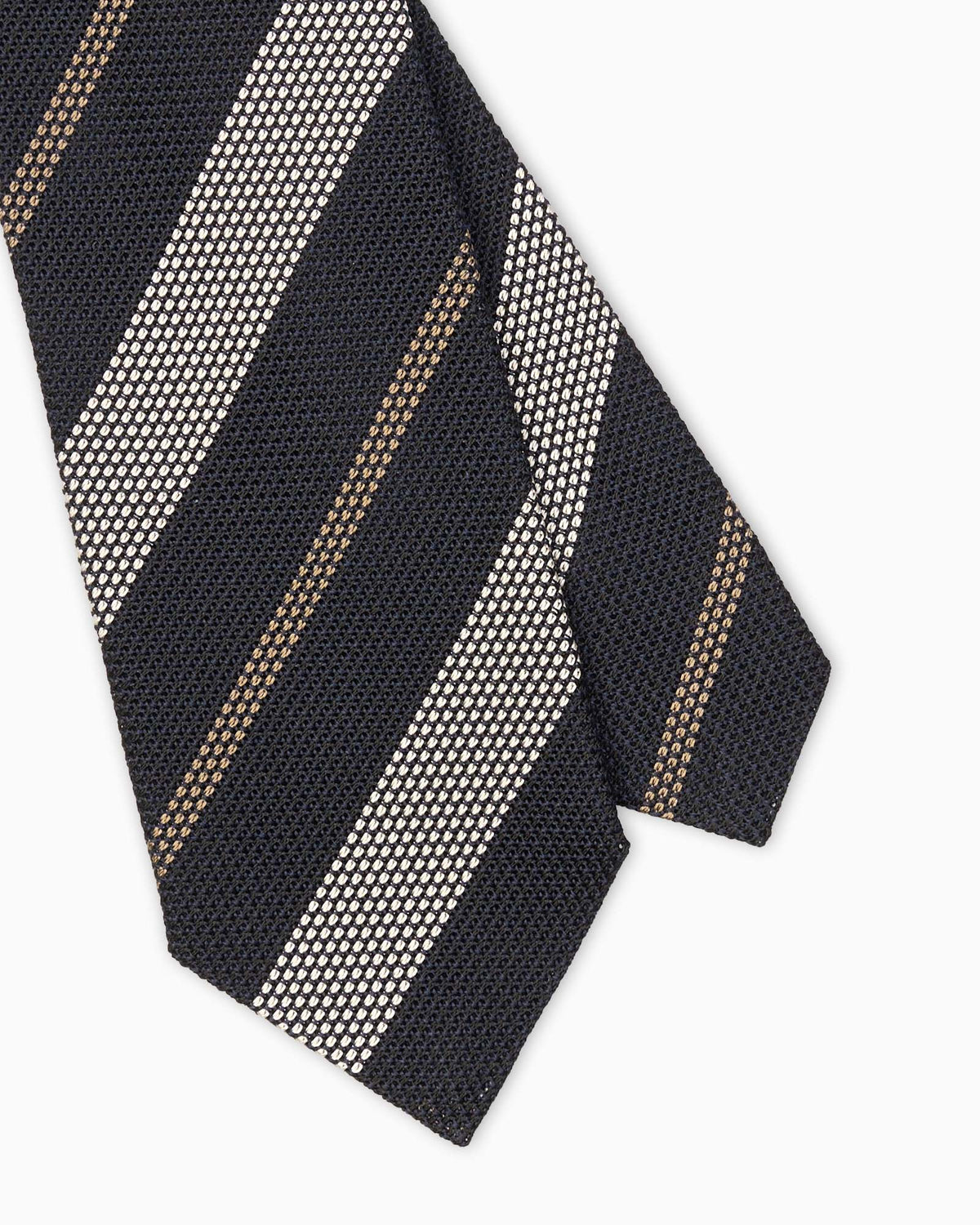 Silk grenadine tie featuring a regimental pattern in blue, ivory and beige.