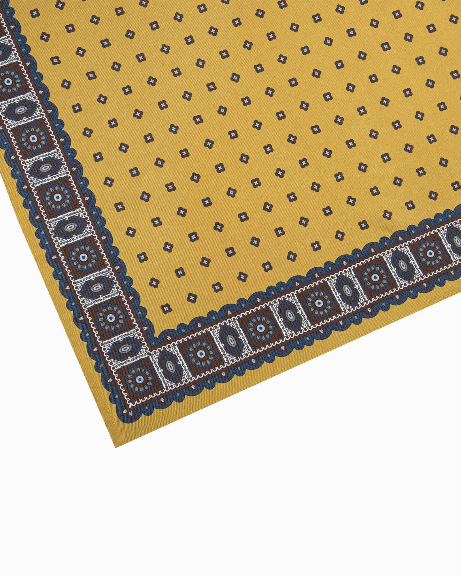 Floral Pattern Printed Silk Pocket Square - Mustard Blue
