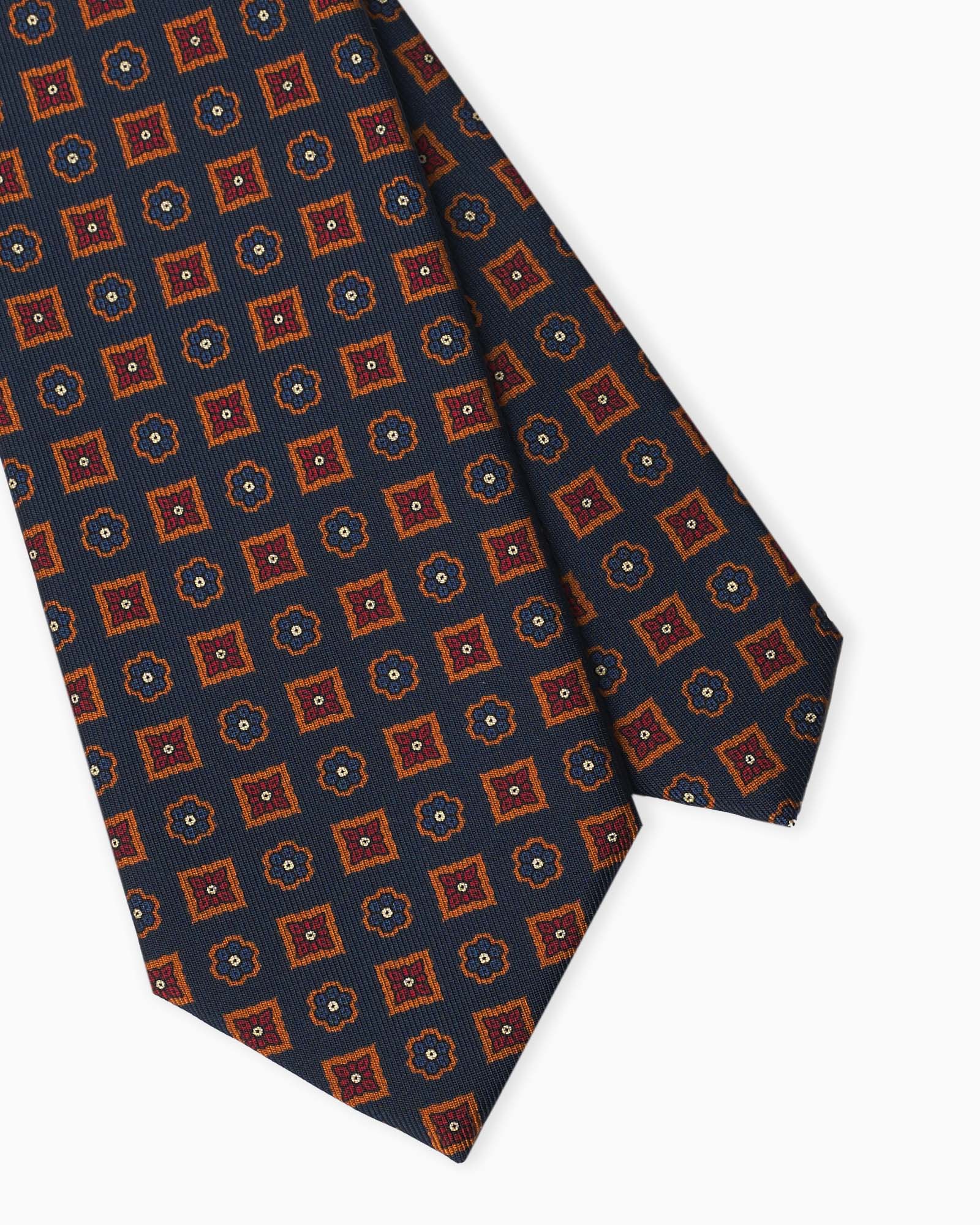 Floral Pattern Madder Silk Tie - Blue/Rust