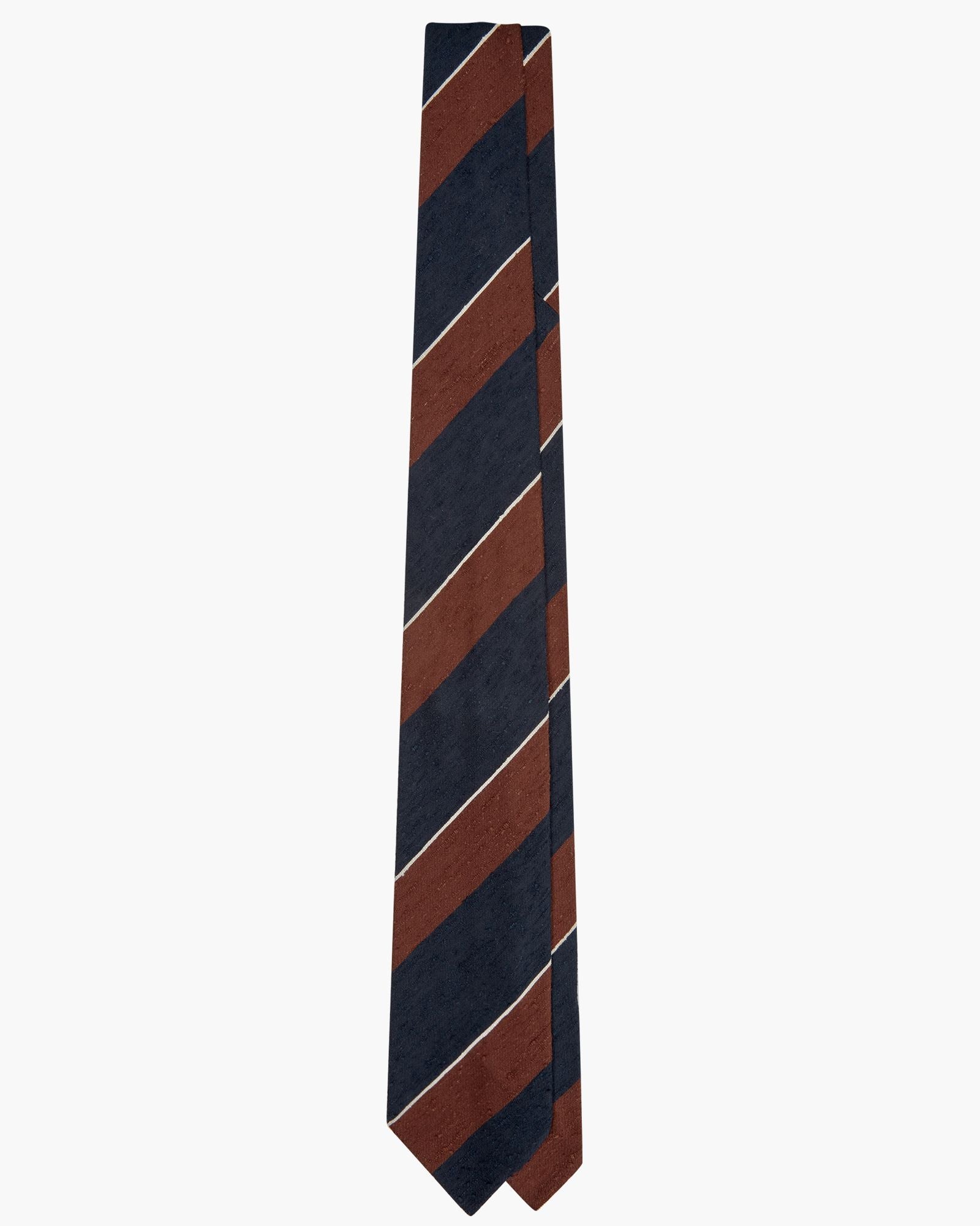 Cravatta 3 Pieghe In Seta Shantung A Righe - Blu Marrone Bianco