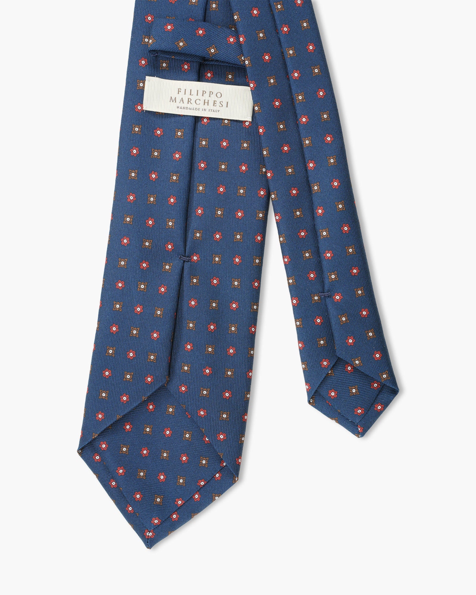 Cravatta in Seta Inglese Stampata – Blu con Microfiori Rossi e Marroni