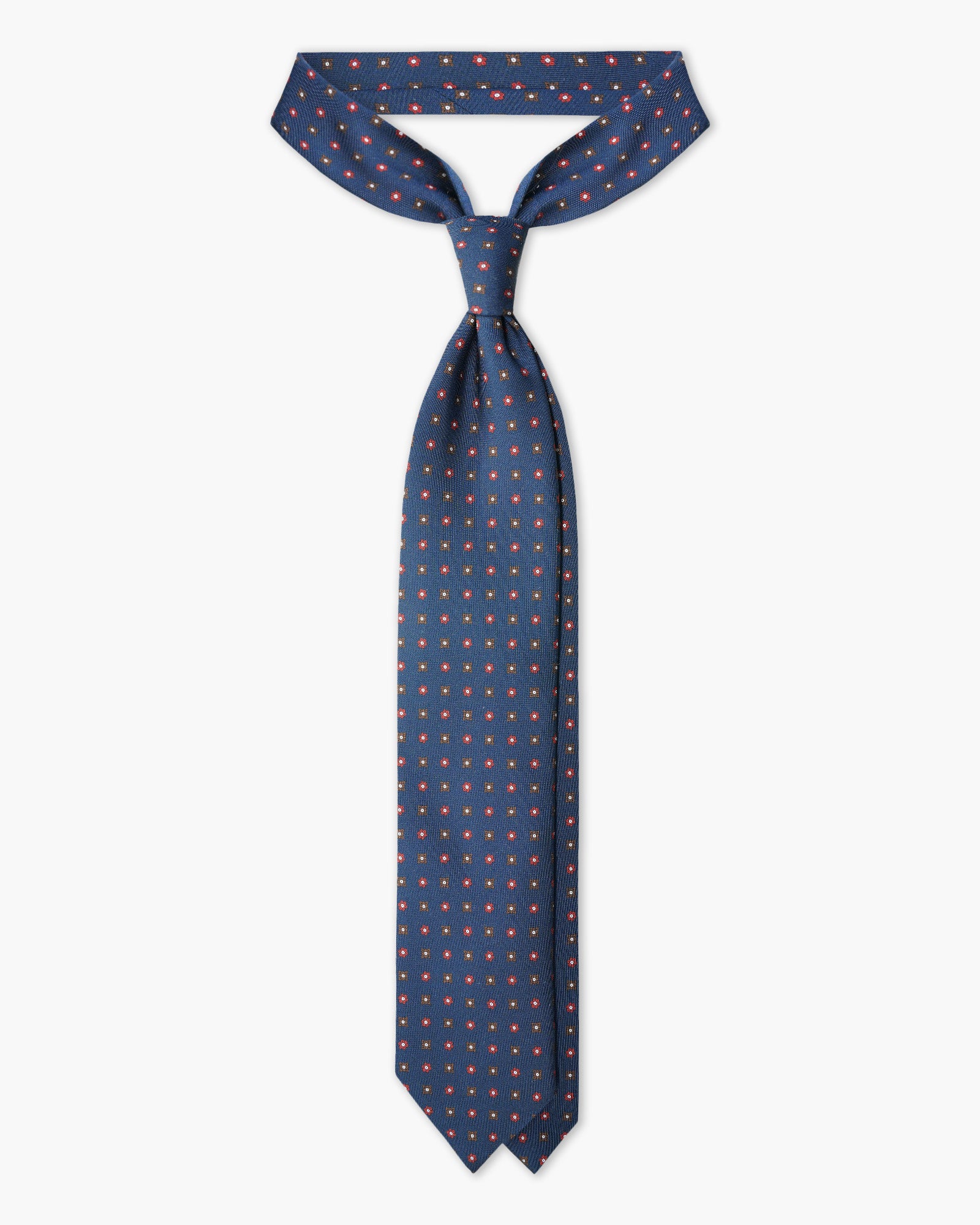 Cravatta in Seta Inglese Stampata – Blu con Microfiori Rossi e Marroni