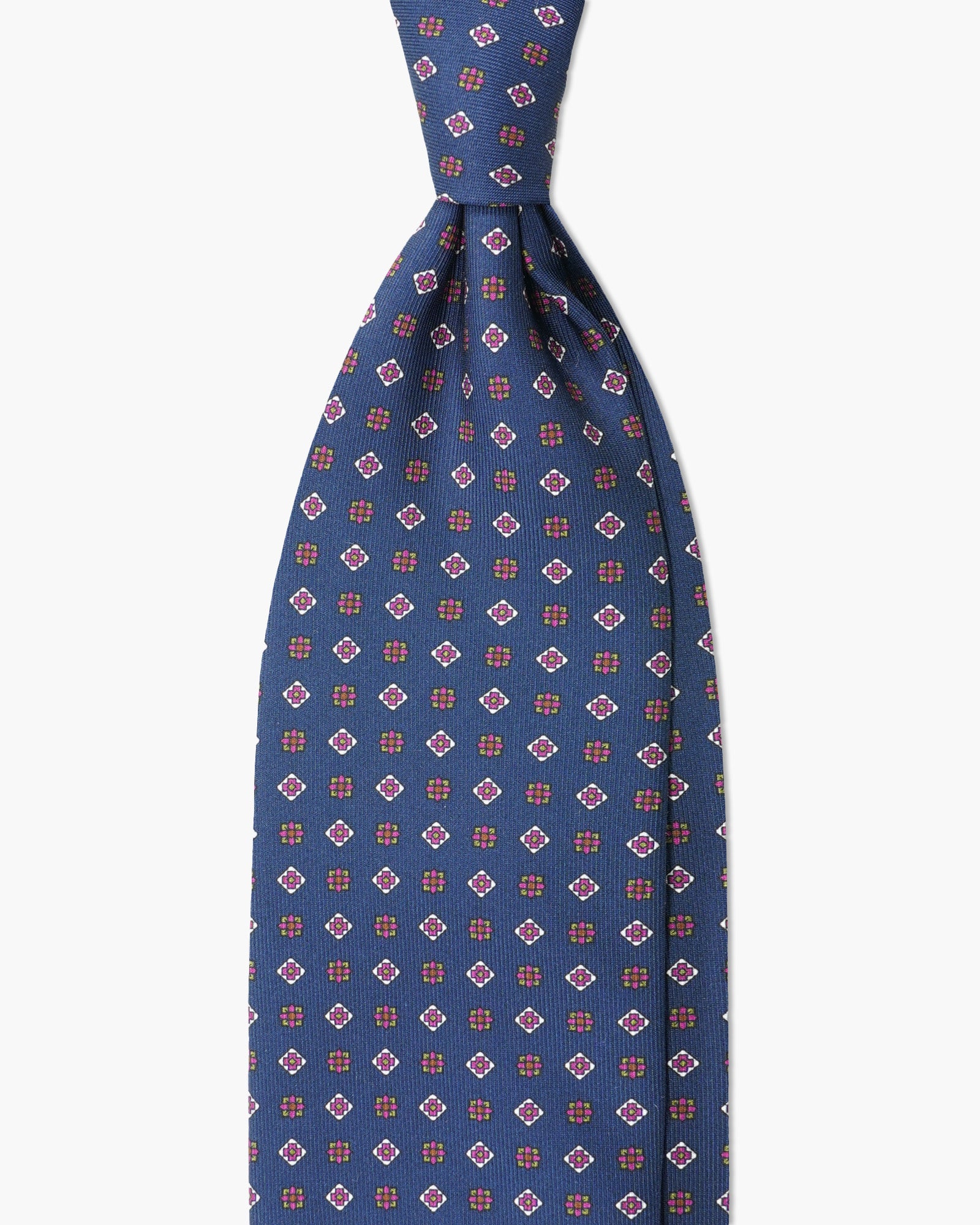 Cravatta in Seta Inglese Stampata – Blu con Fiori Fucsia