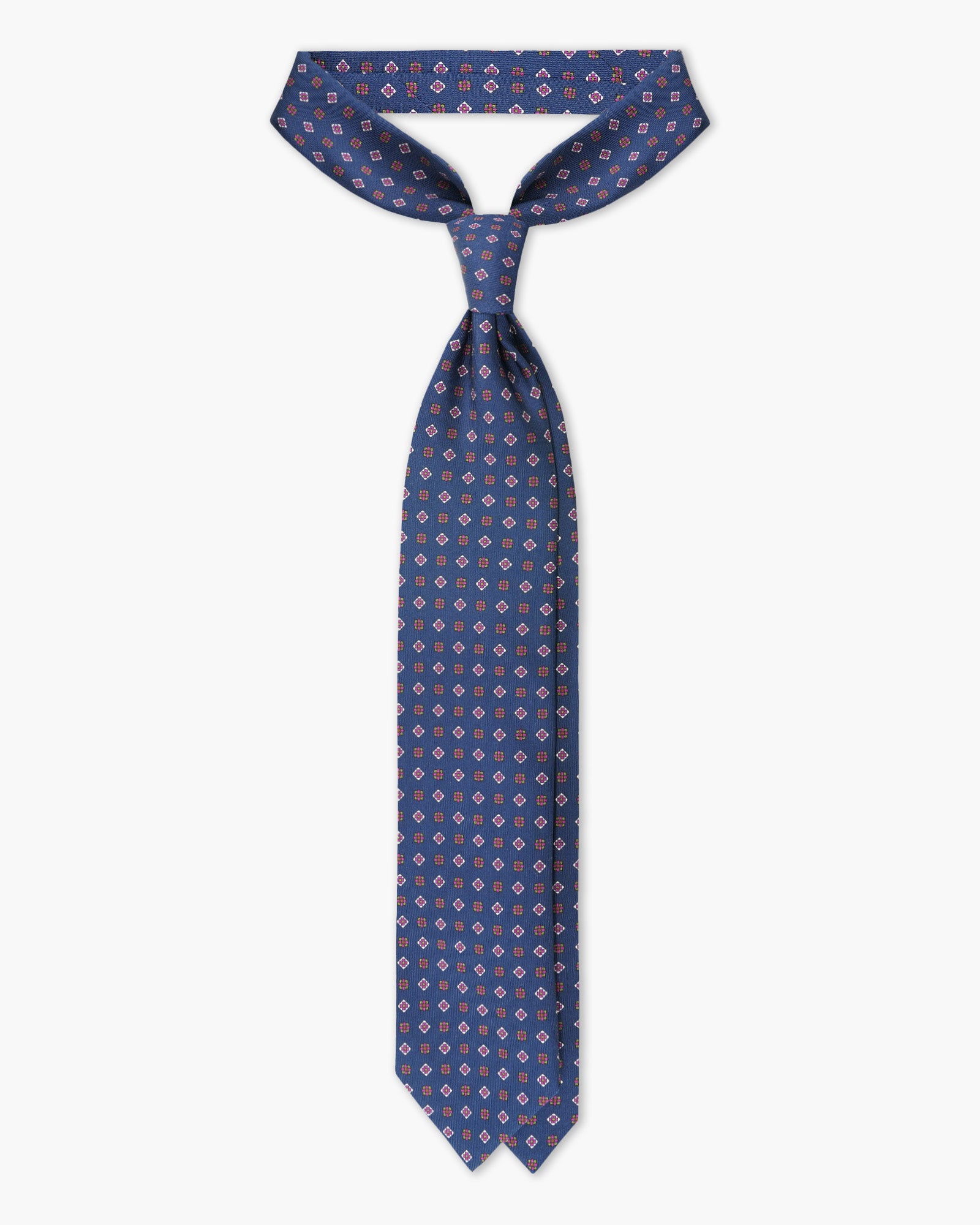 Cravatta in Seta Inglese Stampata – Blu con Fiori Fucsia