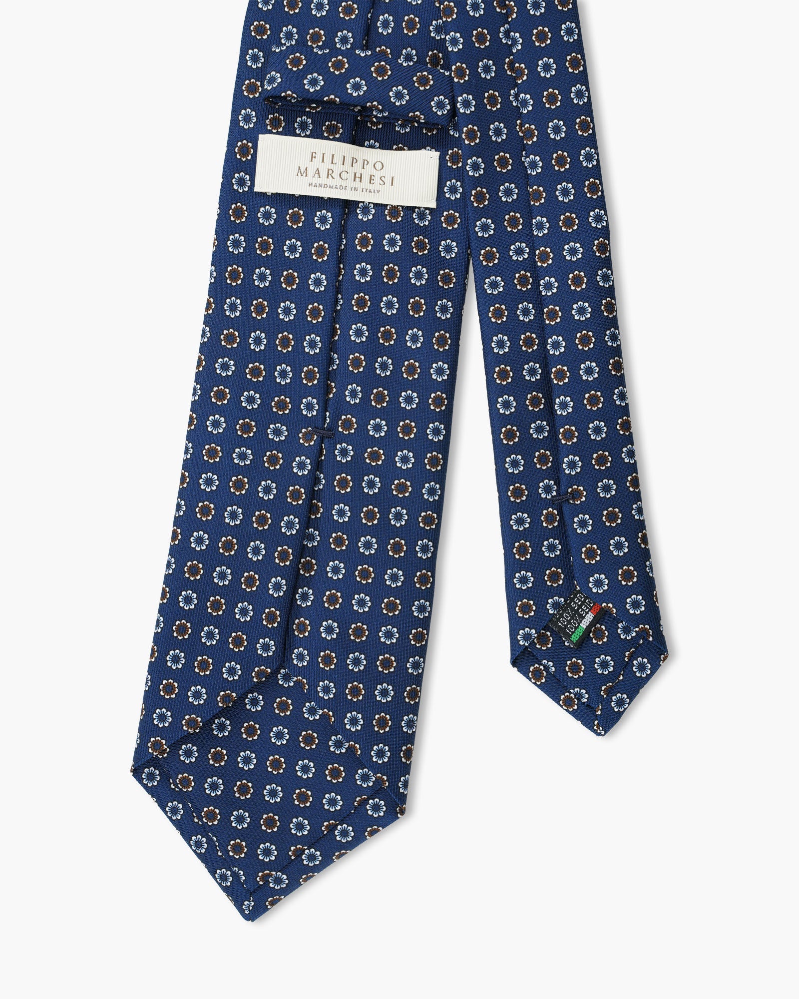 Cravatta in Seta Inglese Stampata – Blu con Microfiori Azzurri e Marroni