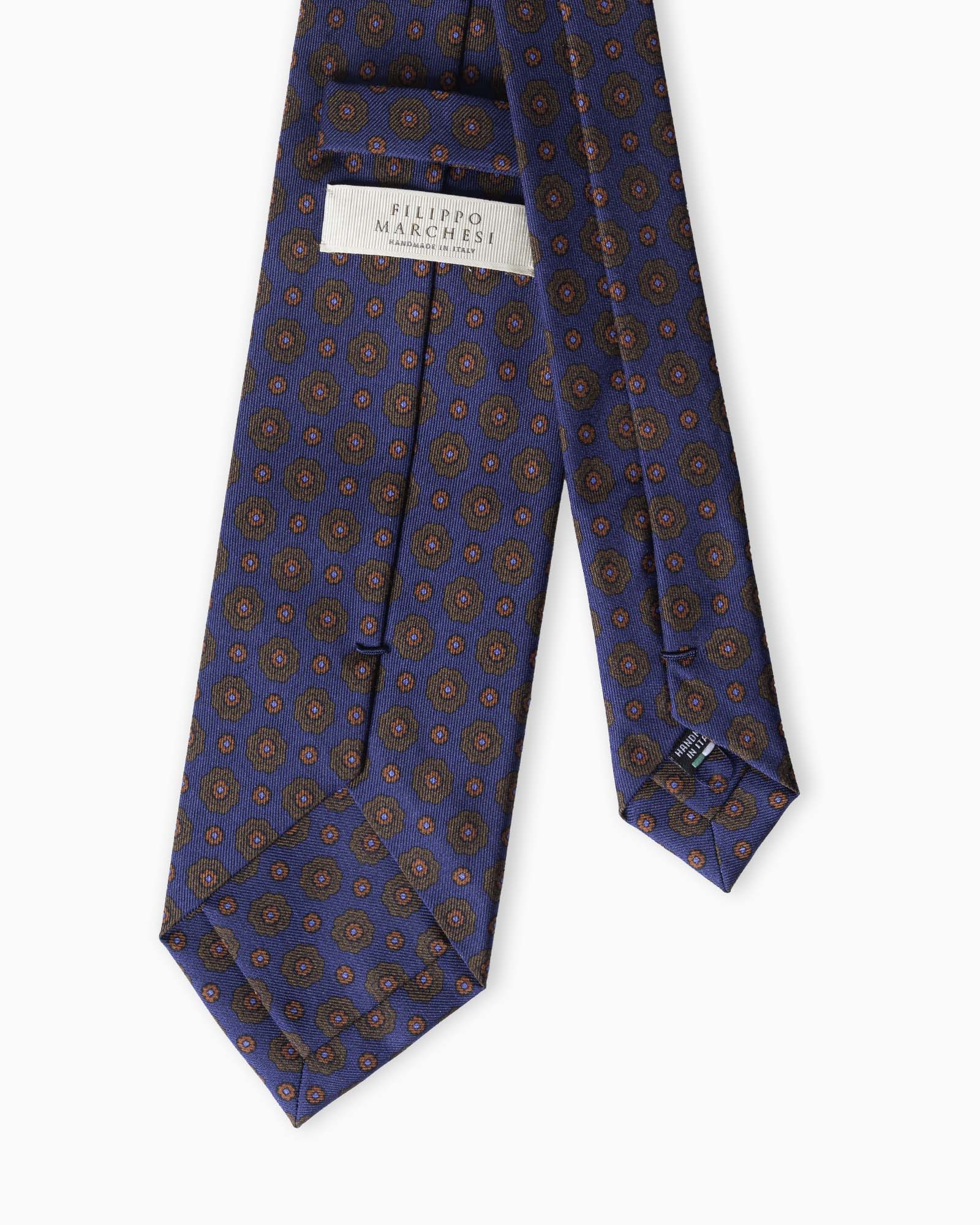 Cravatta in Seta Italiana 3 Pieghe Motivo Floreale - Blu Navy