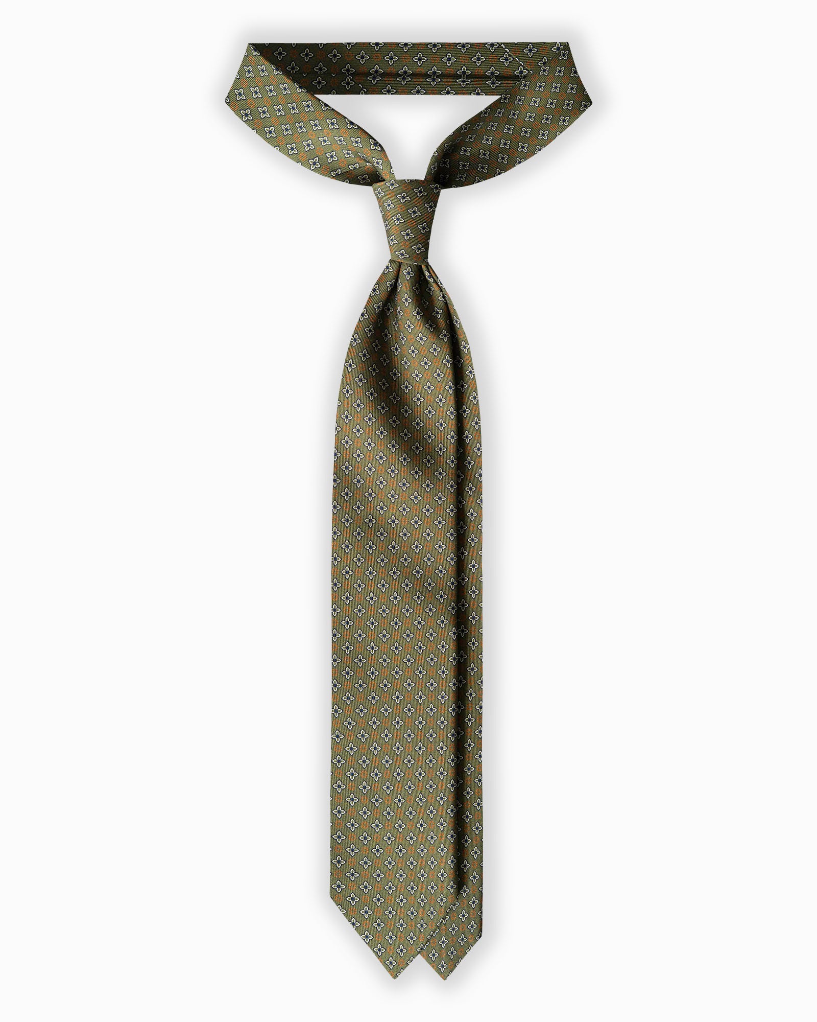 Cravatta in Seta Inglese 3 Pieghe Motivo Geometrico Floreale - Verde Oliva