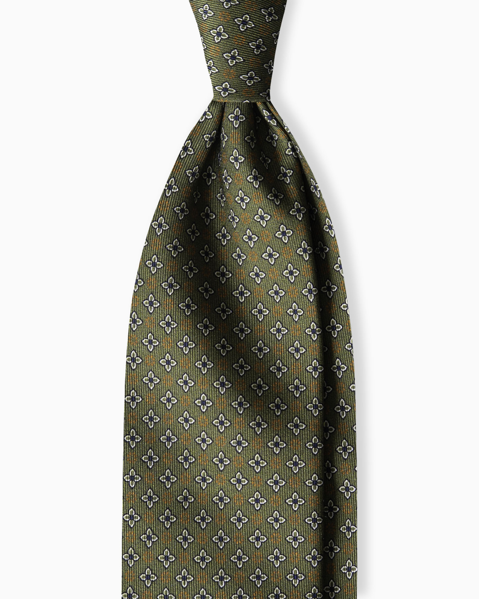 Cravatta in Seta Inglese 3 Pieghe Motivo Geometrico Floreale - Verde Oliva