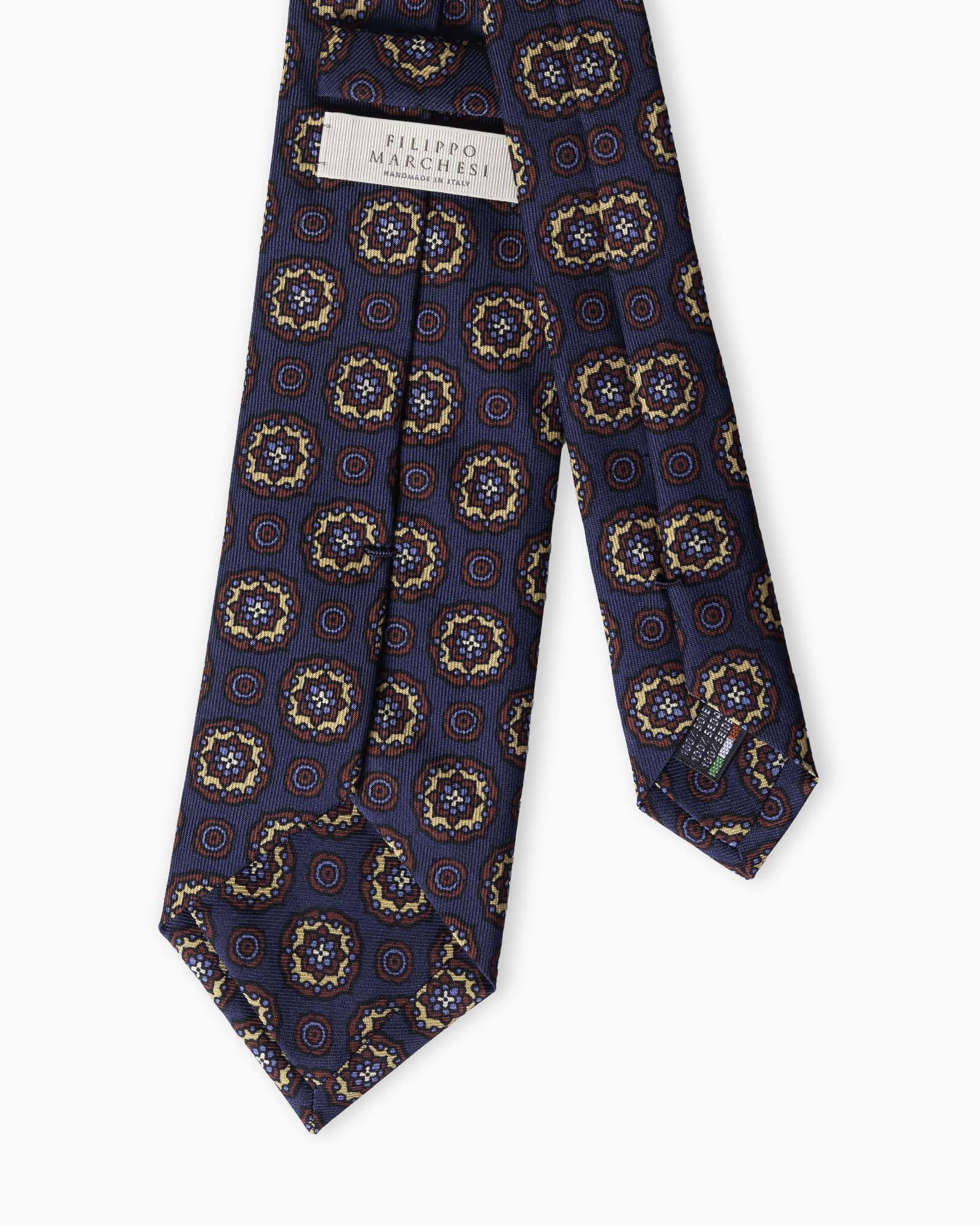 Cravatta in Seta Madder Inglese 3 Pieghe Medaglioni Floreale - Blu Navy