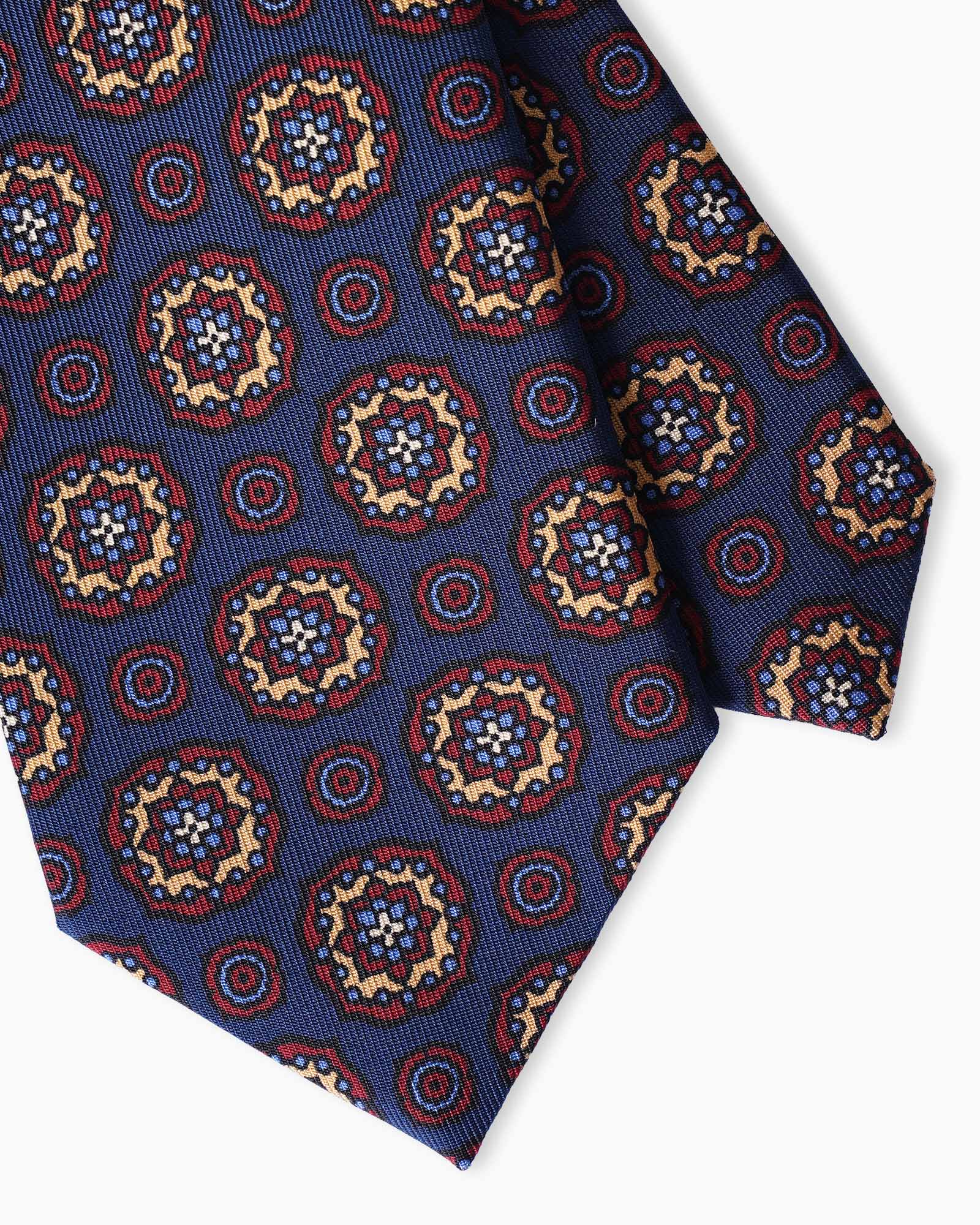 Cravatta in Seta Madder Inglese 3 Pieghe Medaglioni Floreale - Blu Navy