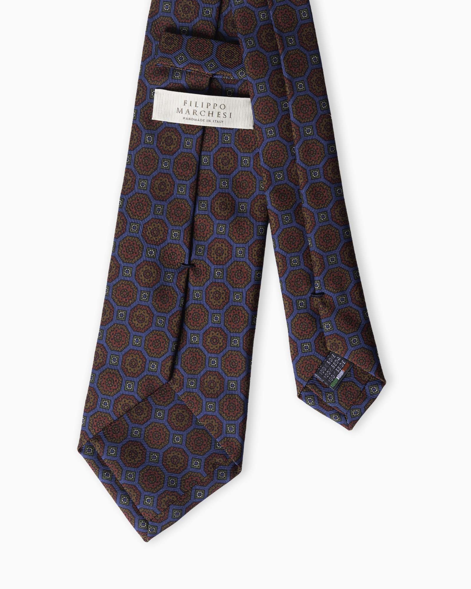 Cravatta in Seta Madder Inglese 3 Pieghe Medaglioni Geometrico - Blu Cenere