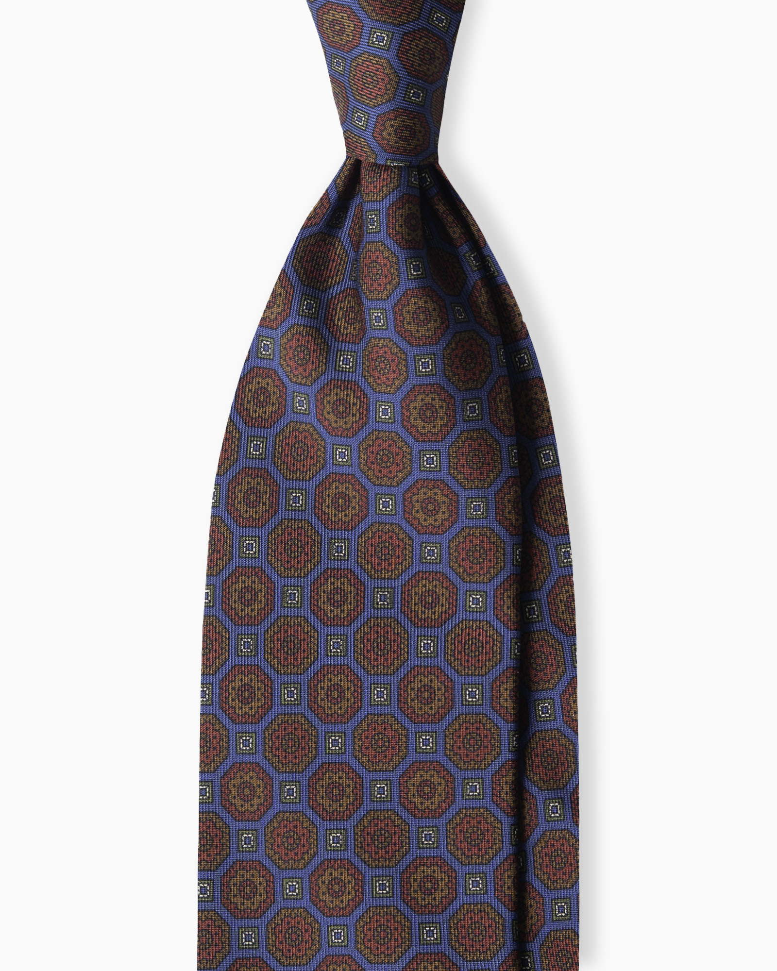 Cravatta in Seta Madder Inglese 3 Pieghe Medaglioni Geometrico - Blu Cenere