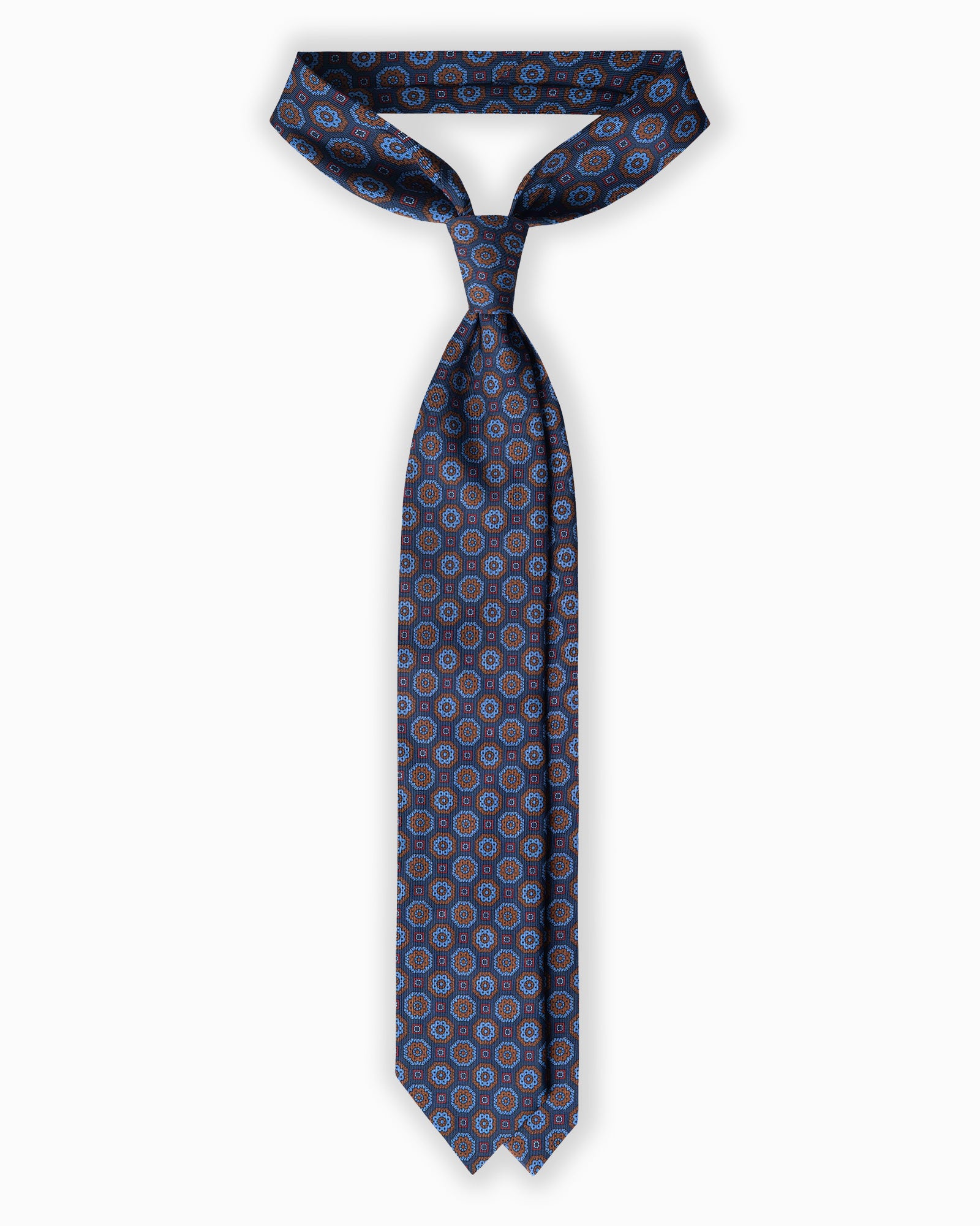 Cravatta in Seta Madder Inglese 3 Pieghe Medaglioni Geometrico - Blu