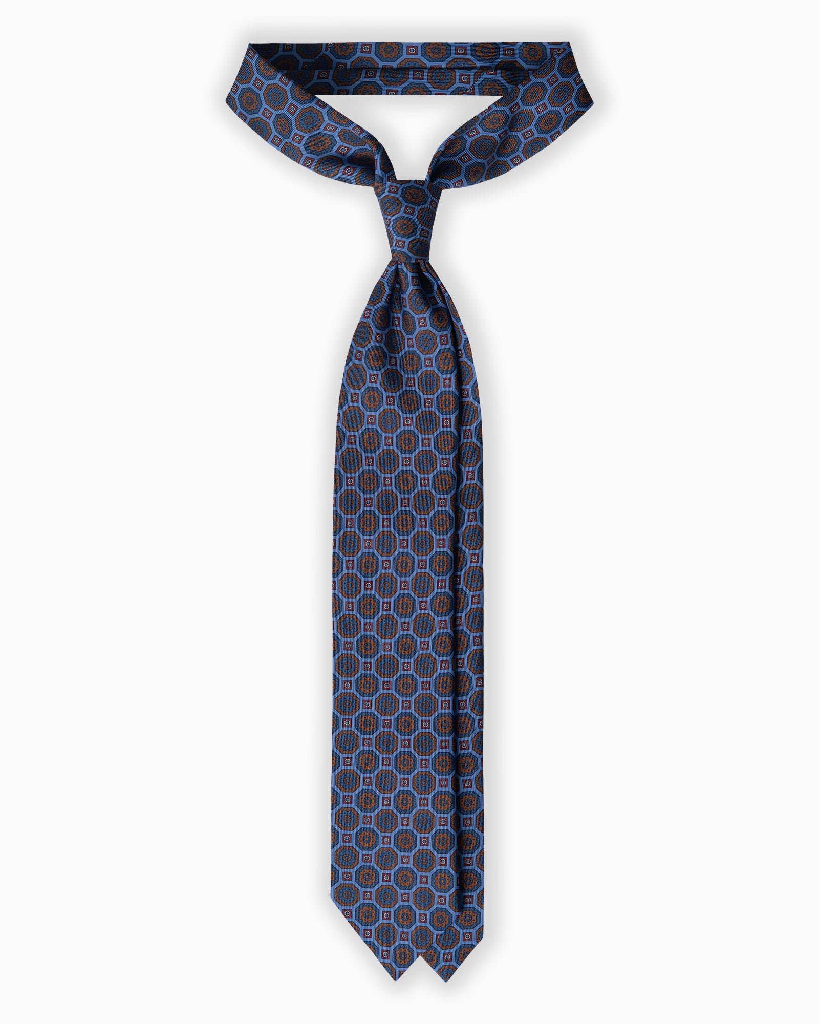 Cravatta in Seta Madder Inglese 3 Pieghe Medaglioni Geometrico - Azzurro