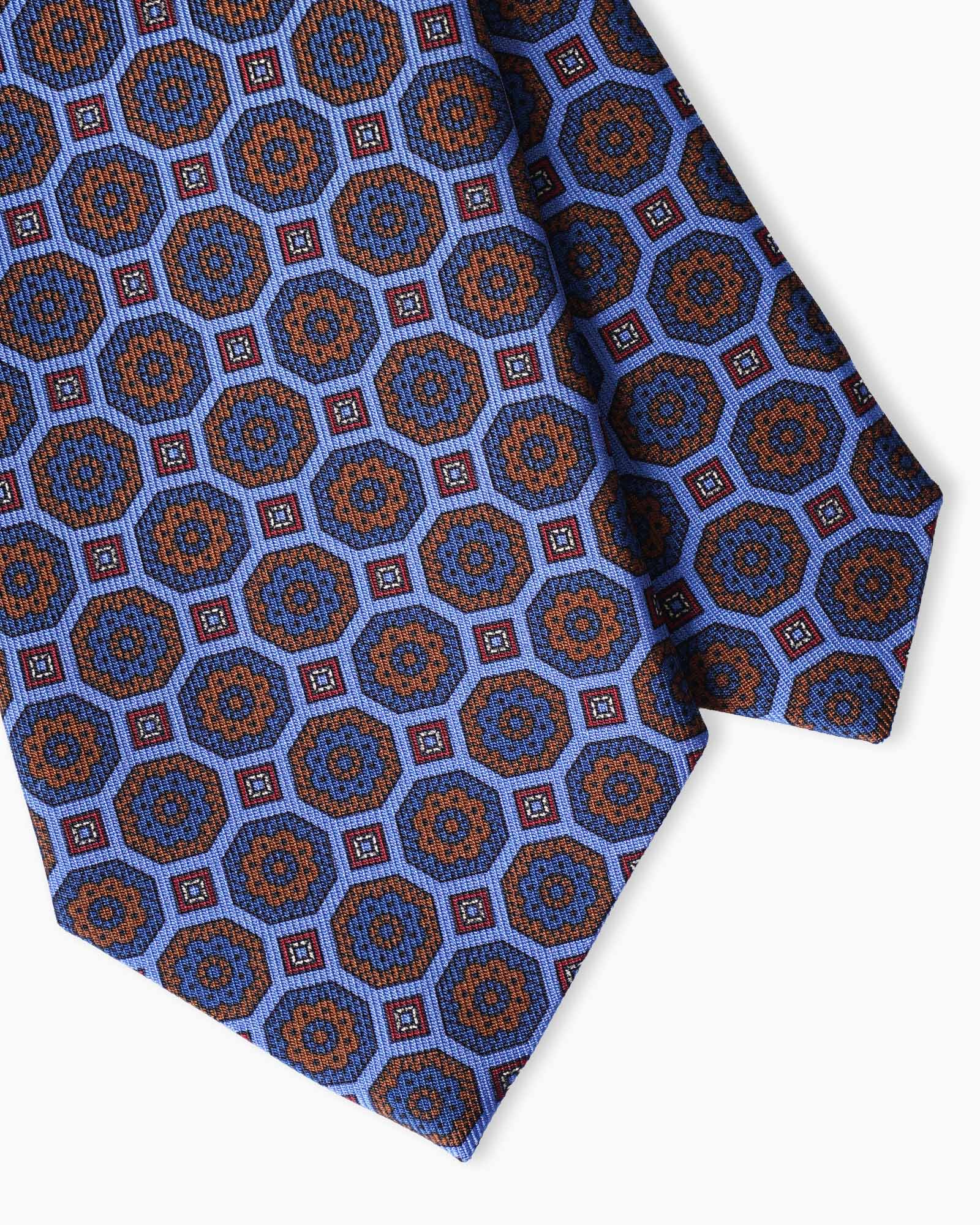 Cravatta in Seta Madder Inglese 3 Pieghe Medaglioni Geometrico - Azzurro
