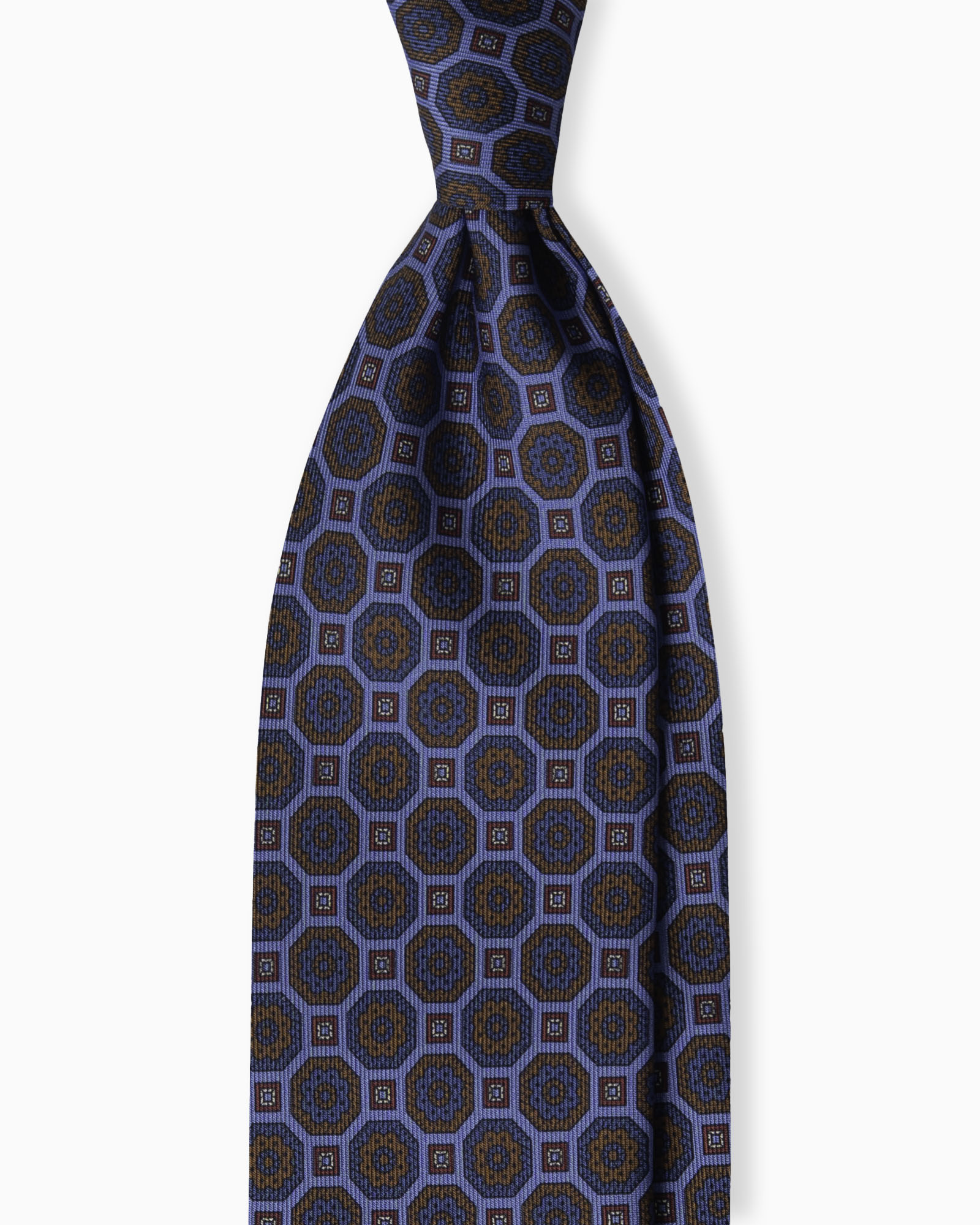 Cravatta in Seta Madder Inglese 3 Pieghe Medaglioni Geometrico - Azzurro
