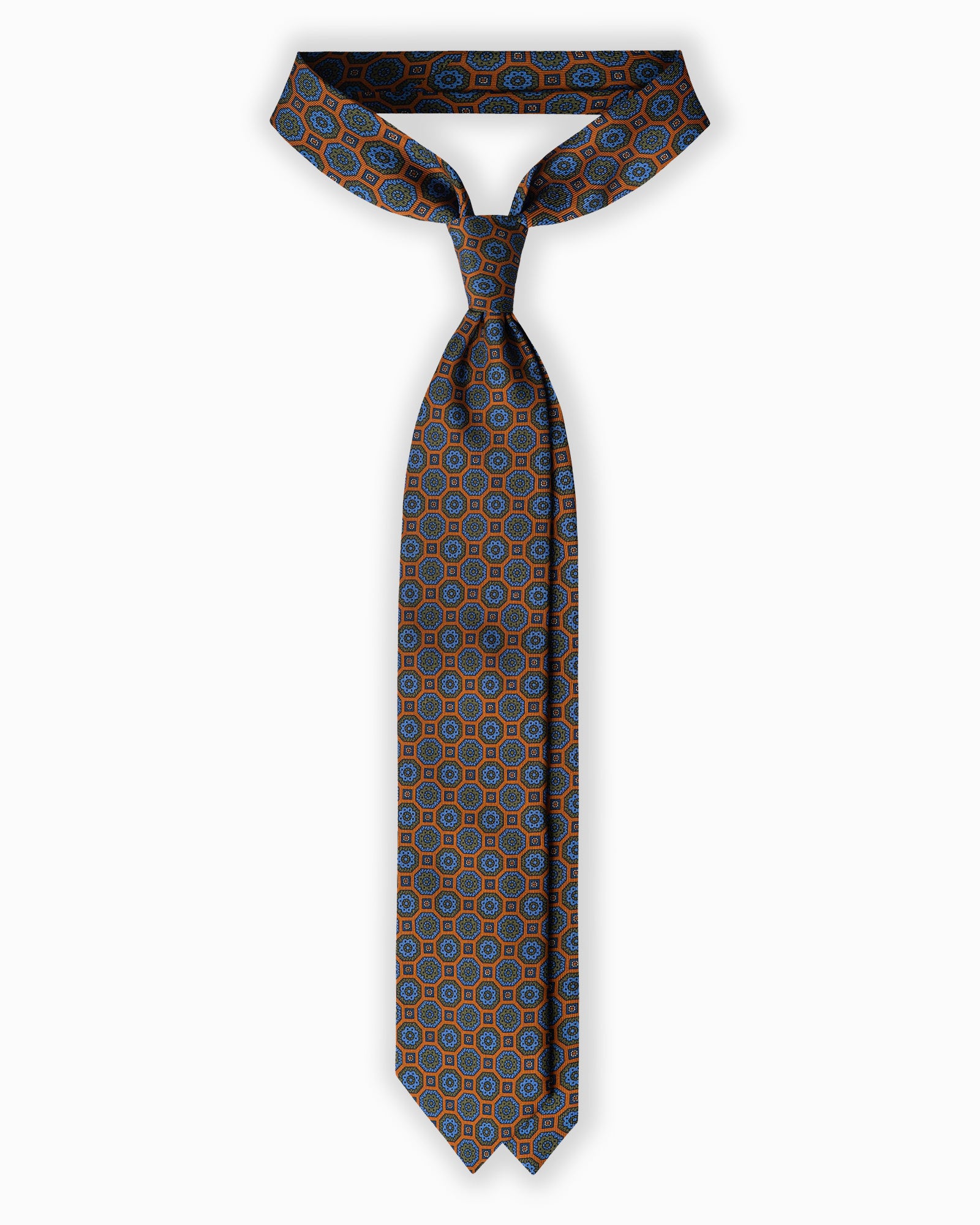 Cravatta in Seta Madder Inglese 3 Pieghe Medaglioni Geometrico - Arancione