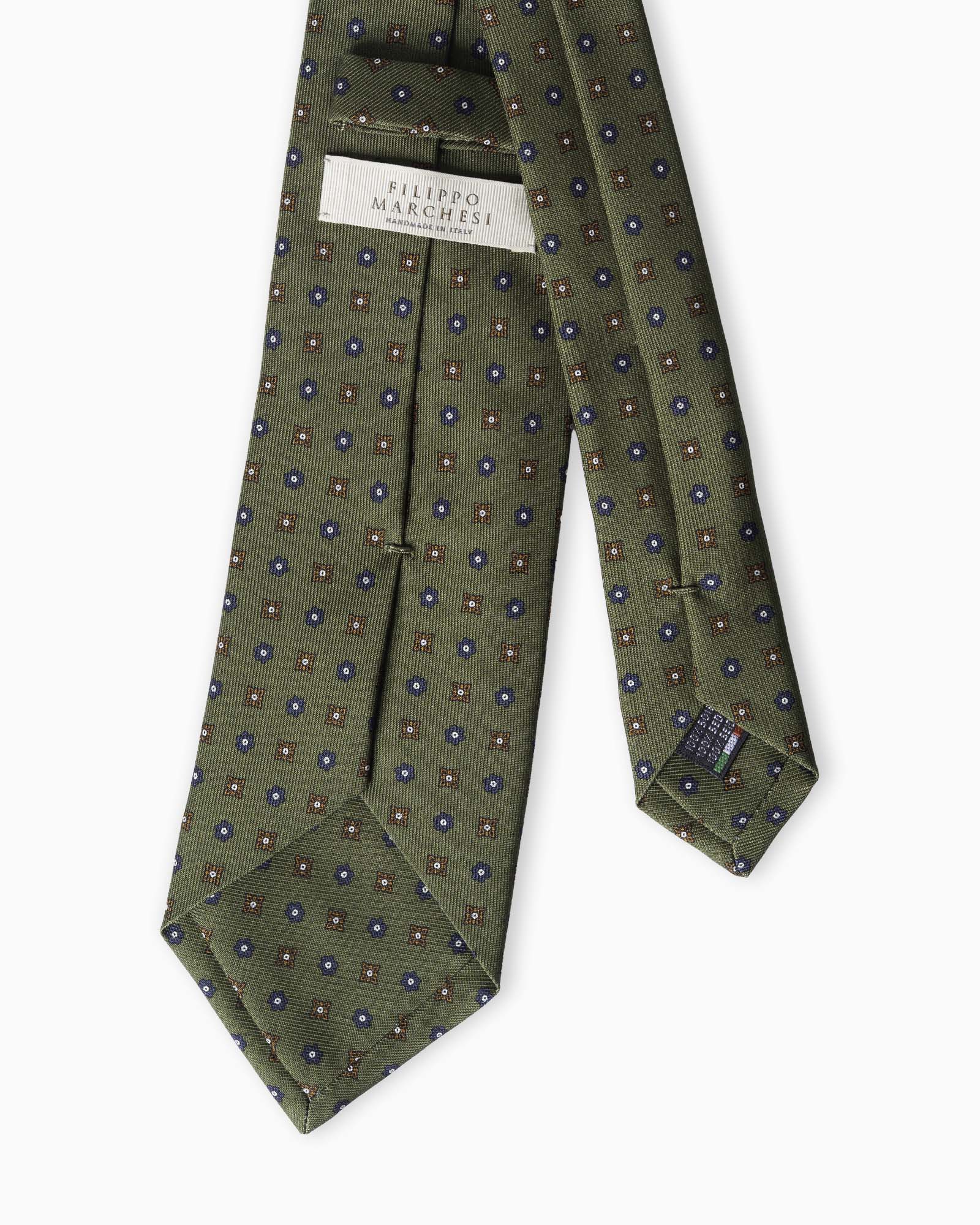 Cravatta in Seta Inglese 3 Pieghe Micro Motivo Floreale - Verde Oliva