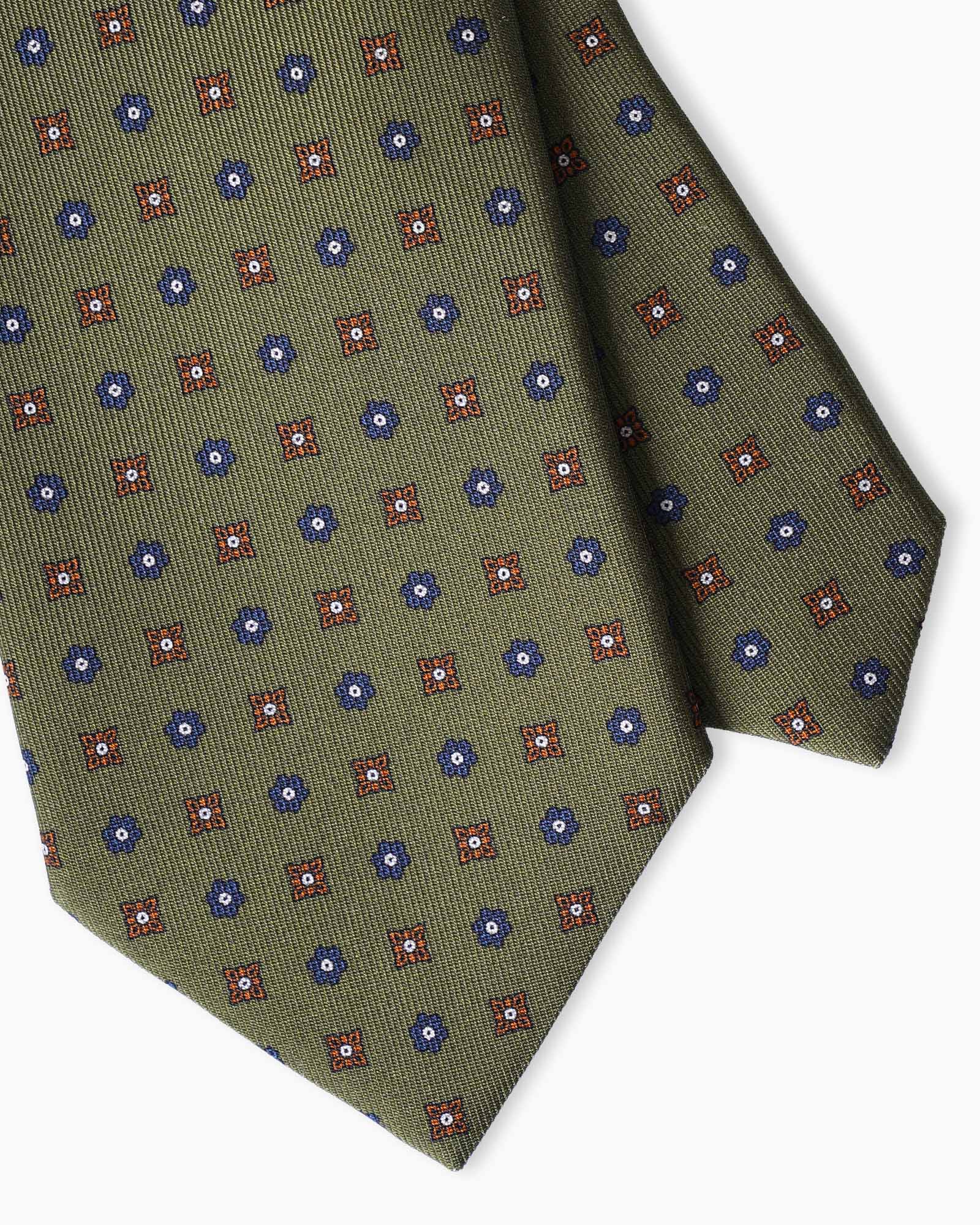 Cravatta in Seta Inglese 3 Pieghe Micro Motivo Floreale - Verde Oliva