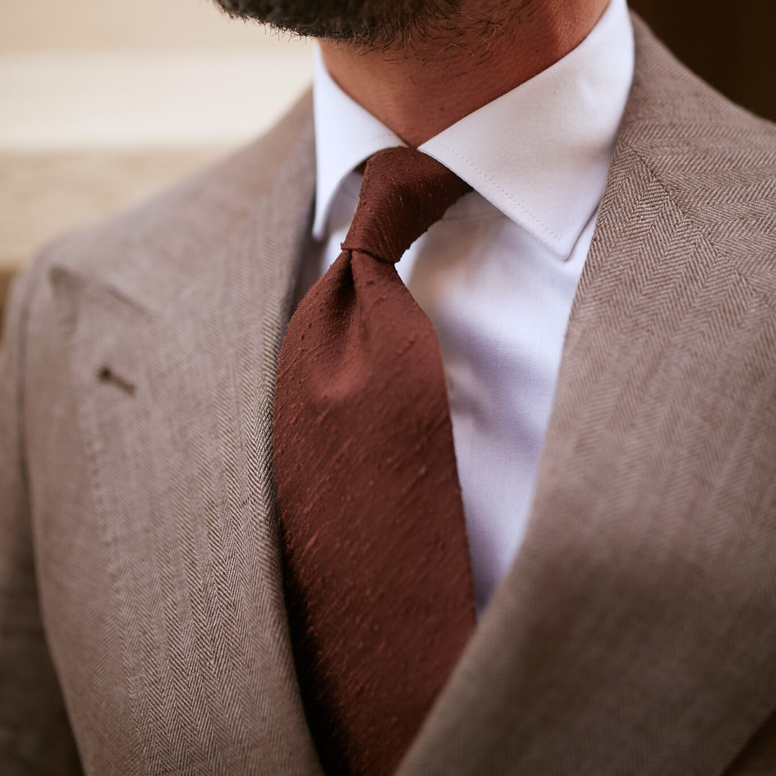 shantung silk tie 3 fold brown - cravatta in seta shantung marrone 3 pieghe