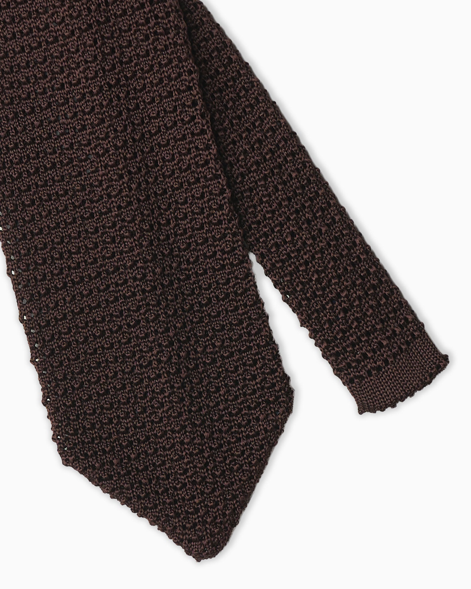 Brown knitted tie crafted in Italy with crochet weave and V-end shape