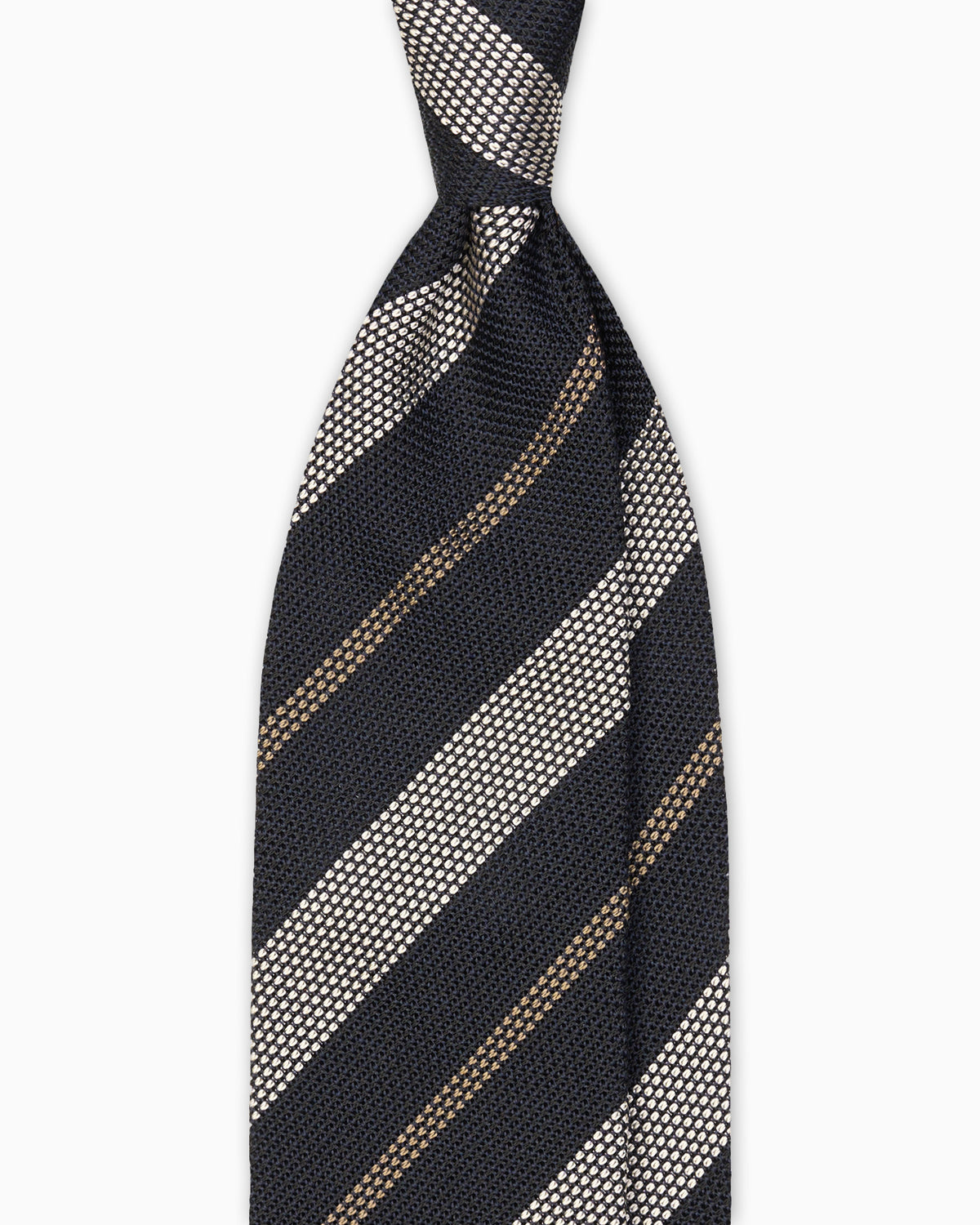 Grenadine silk tie with blue, ivory and beige regimental stripes.