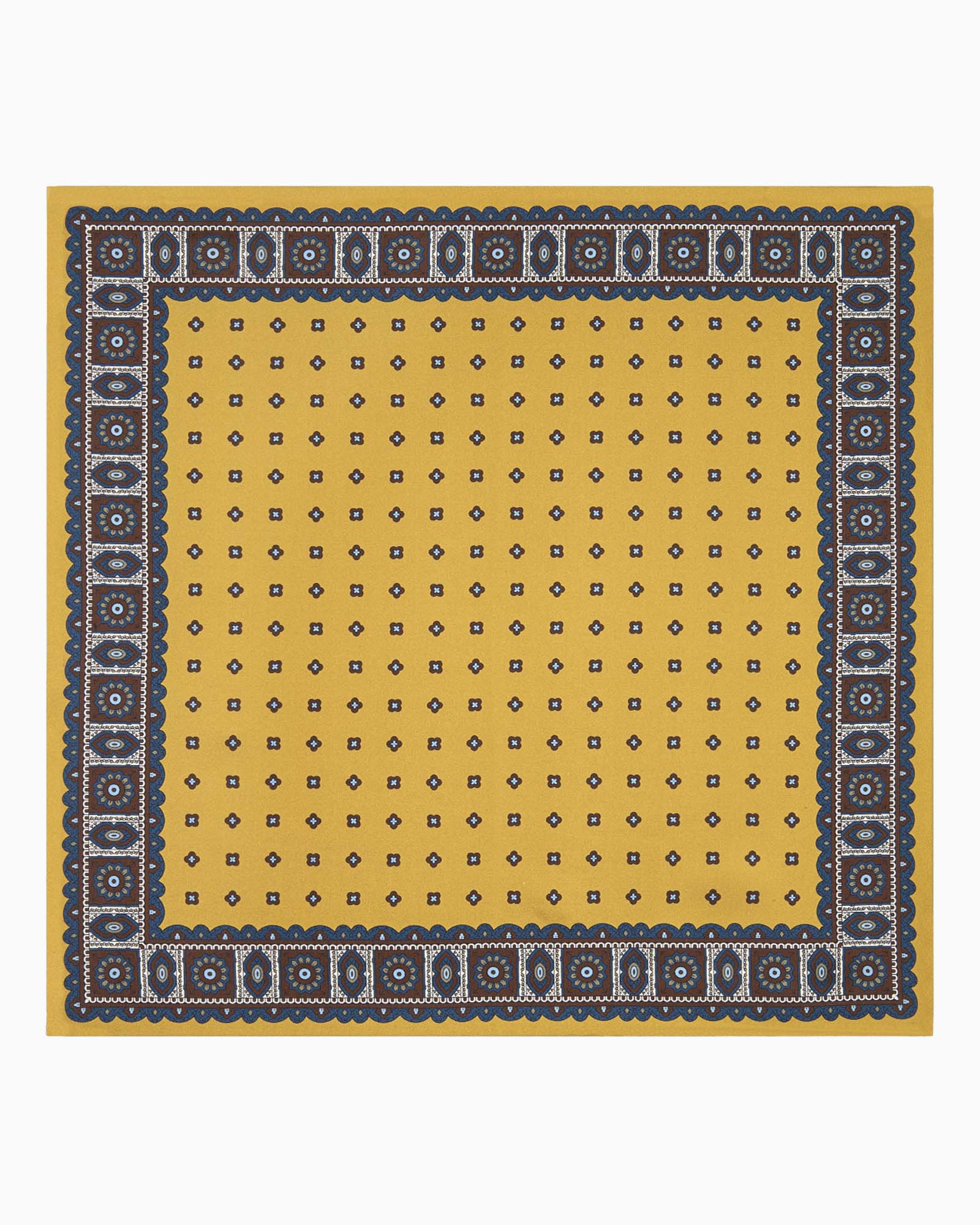 Floral Pattern Printed Silk Pocket Square - Mustard Blue