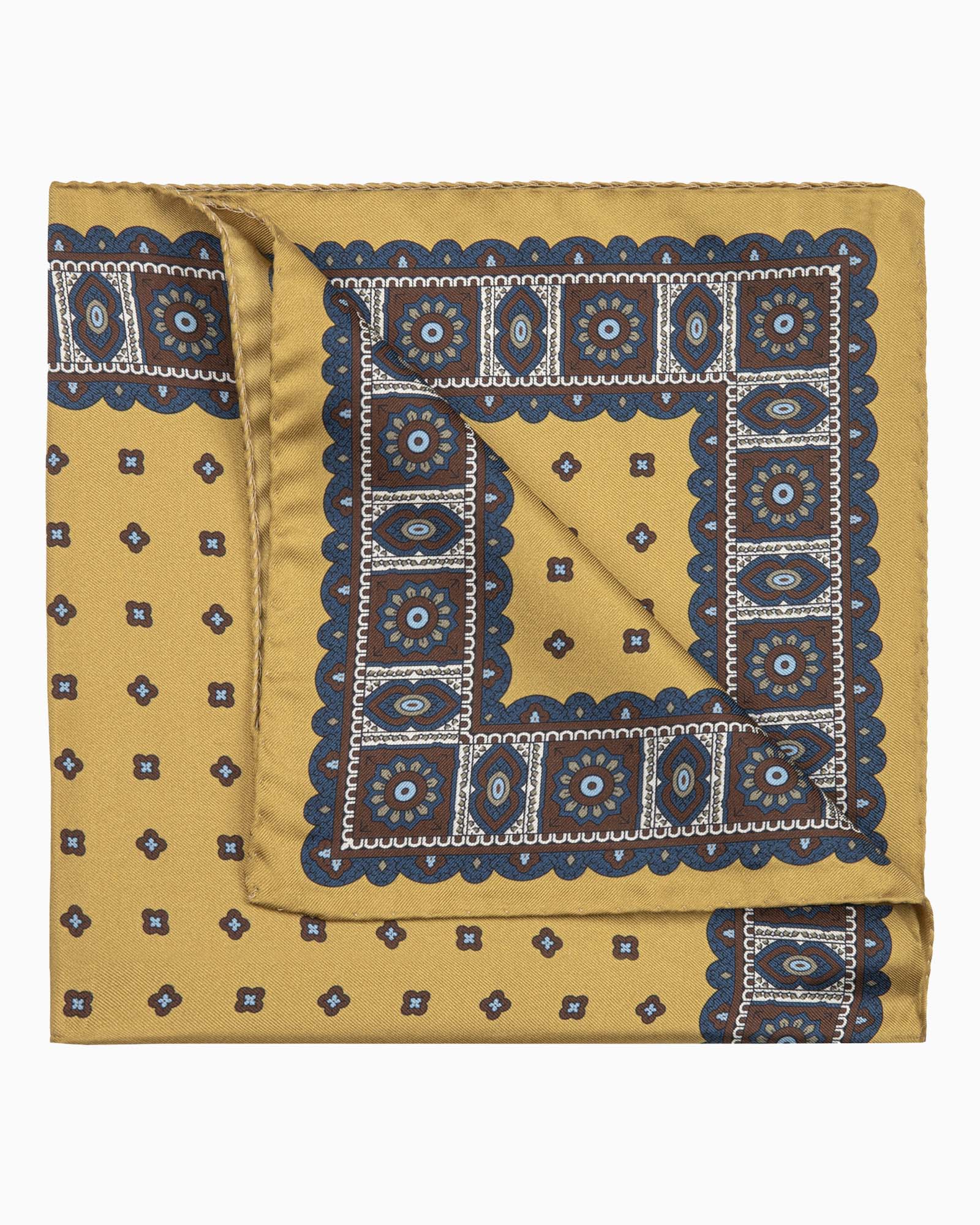 Floral Pattern Printed Silk Pocket Square - Mustard Blue